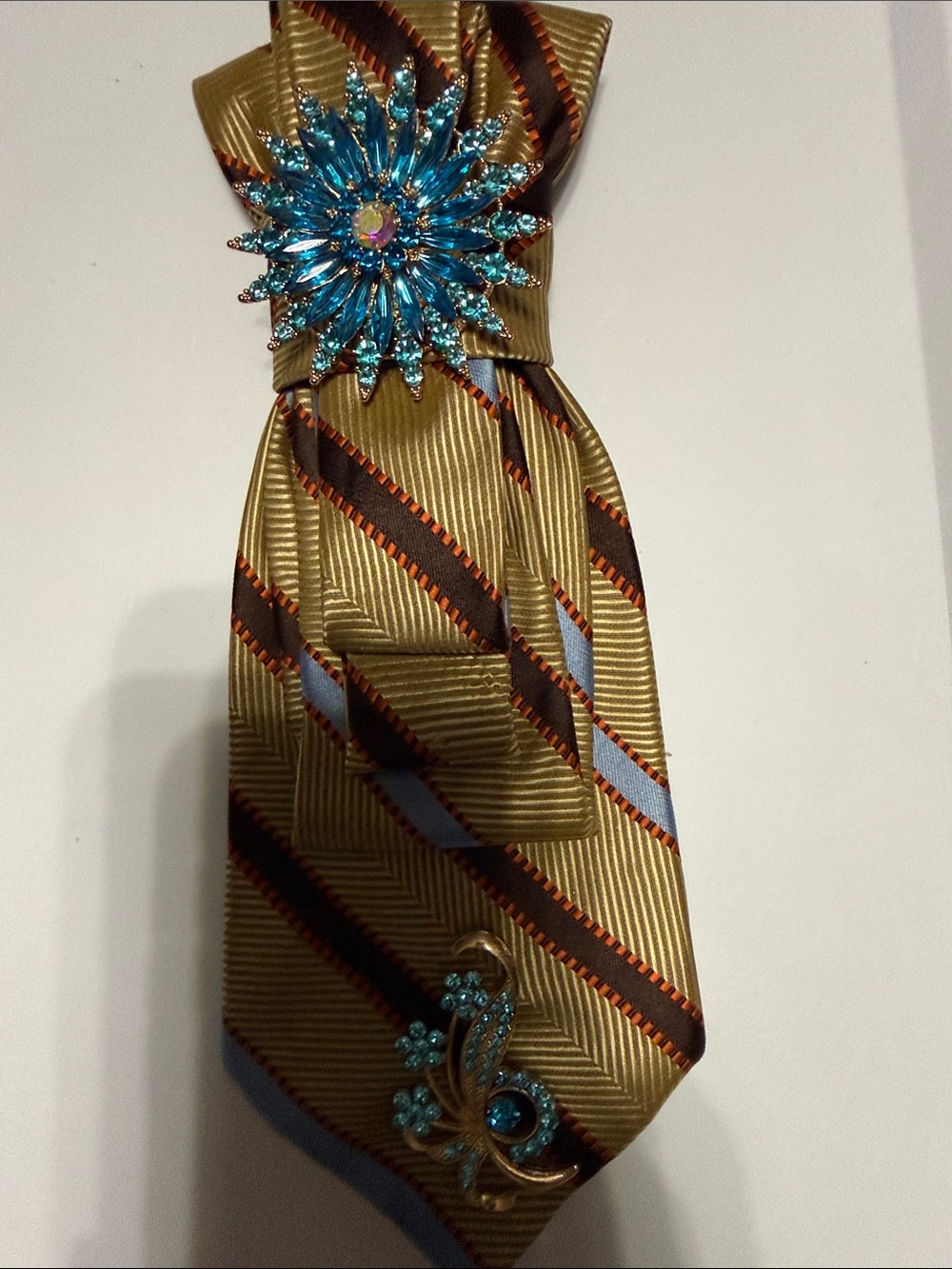 Gold, Brown and Blue Fashion Tie Necklace with Blue Crystal Accents